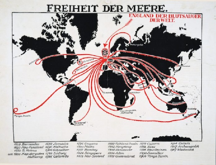 „Freiheit der Meere. England der Blutsauger der Welt.“ Deutsches Propagandaplakat gegen England, 1917/18, das den Kriegsgegner als die ganze Welt umschlingende Krake darstellt.